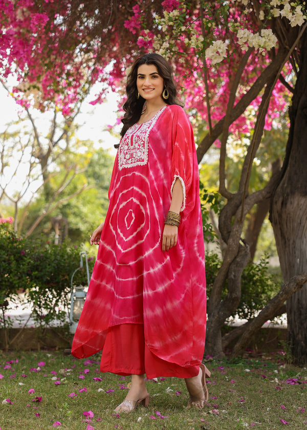 Tiya Viscose Pink Multicolor Tie dye Kaftan Coord Set