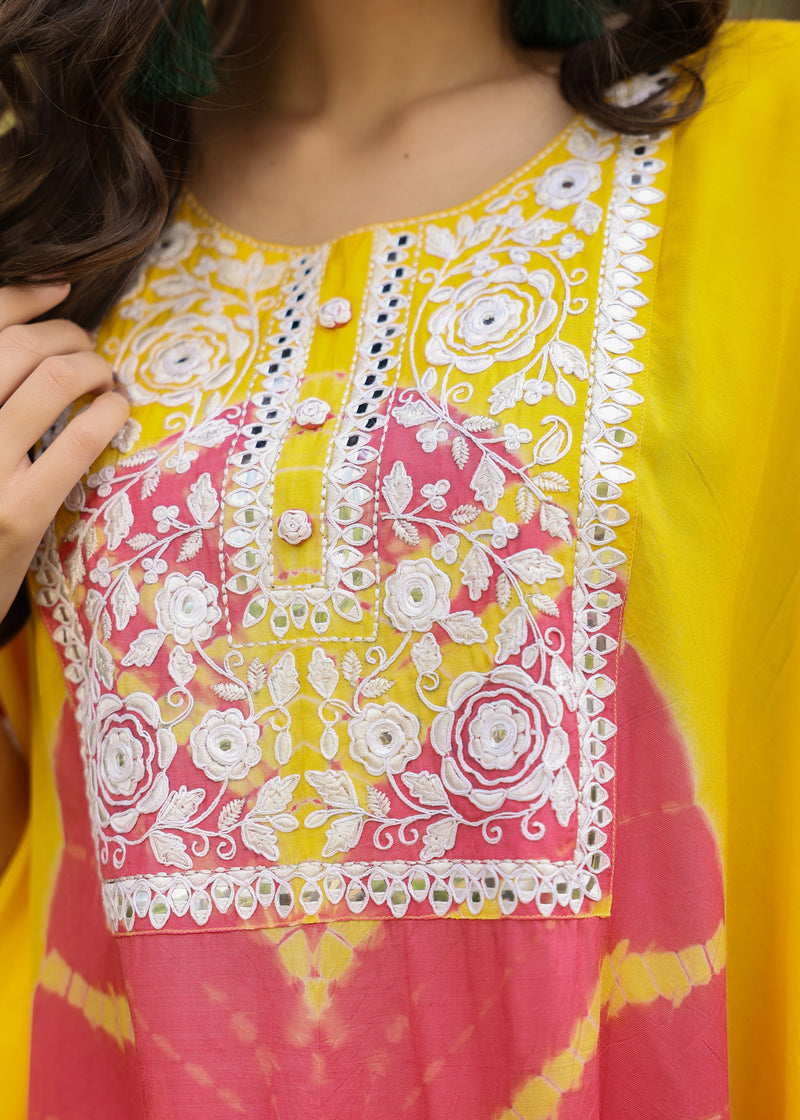 Molly Viscose Yellow & Pink Multicolor Tie dye Kaftan Coord Set