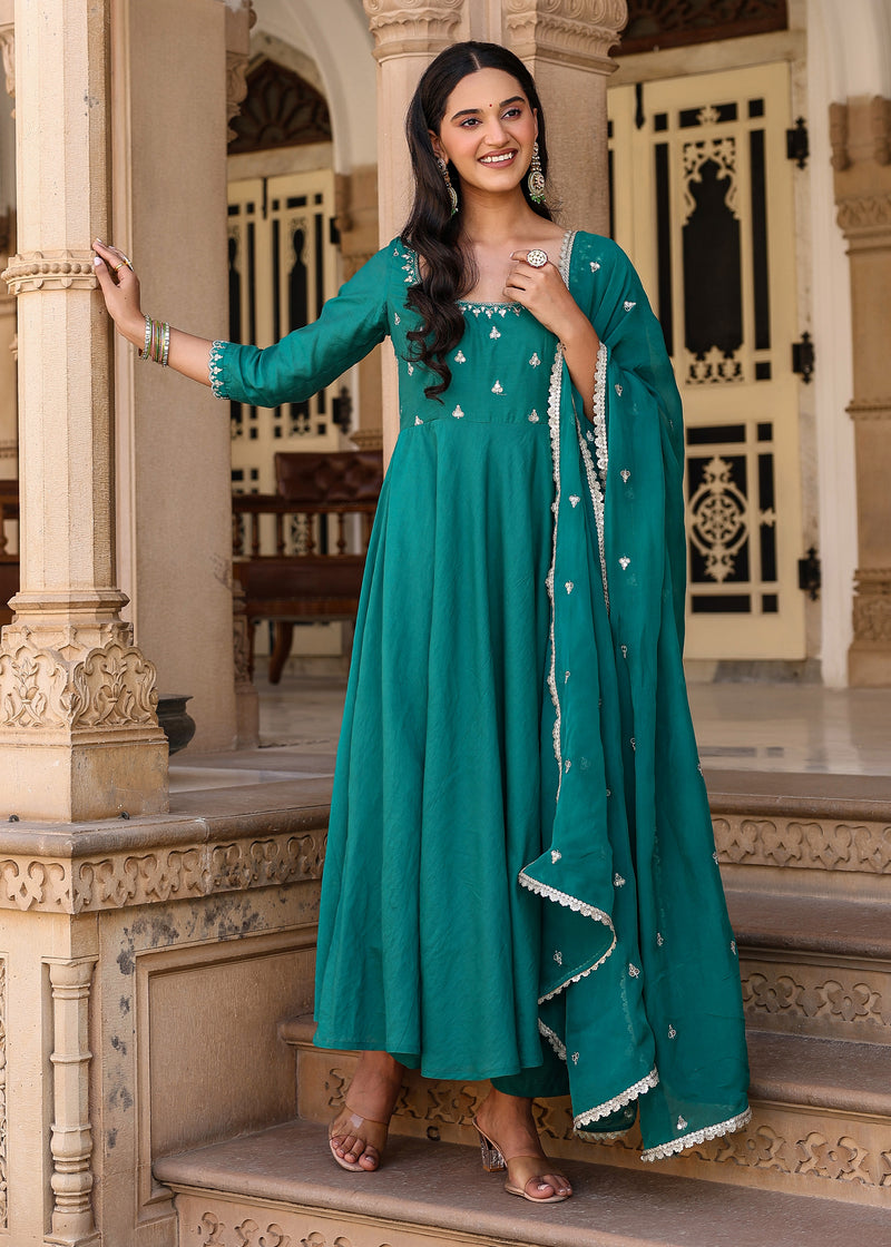 Mrig Green Embroidered Chanderi Suit set with Dupatta