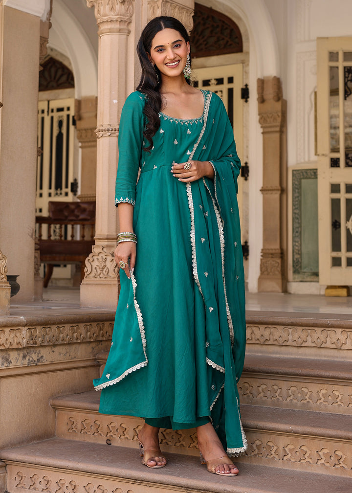 Mrig Green Embroidered Chanderi Suit set with Dupatta