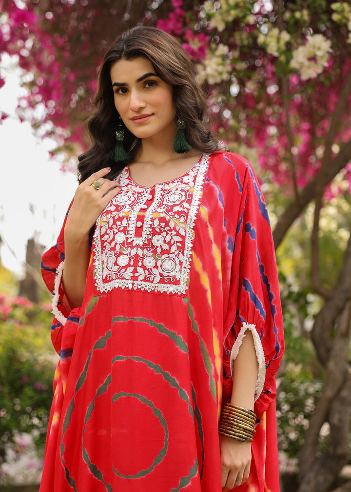 Rosie Viscose Red Multicolor Tie dye Kaftan Coord Set