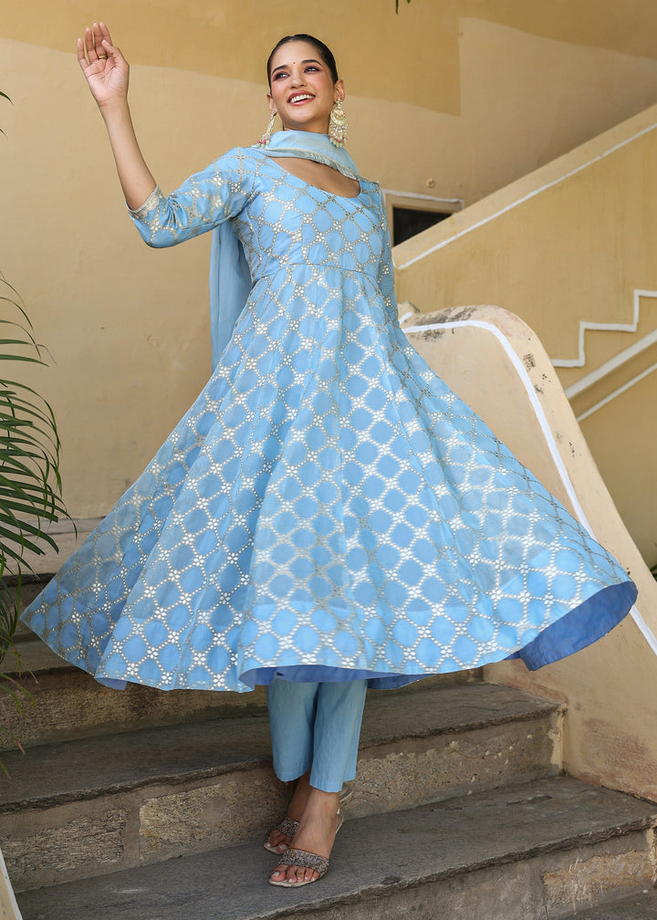 Giva Powder Blue Jacquard Anarkali Suit set with Dupatta