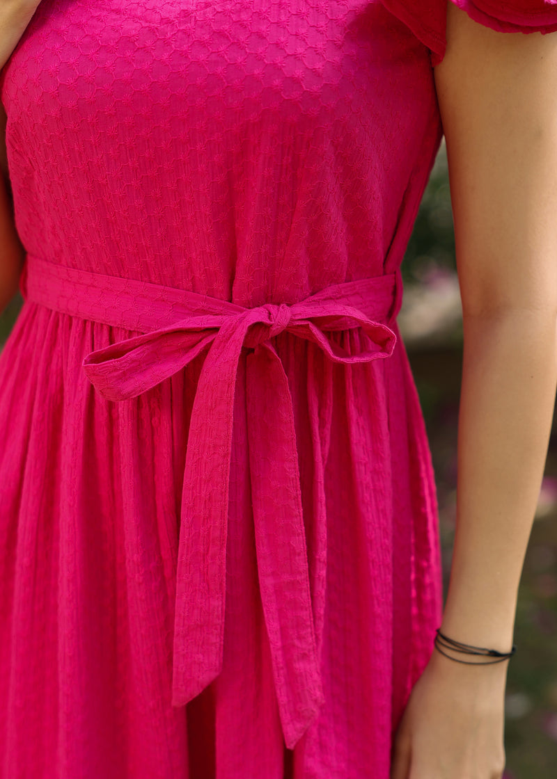 Della Cotton Pink Embroidered Flared Dress