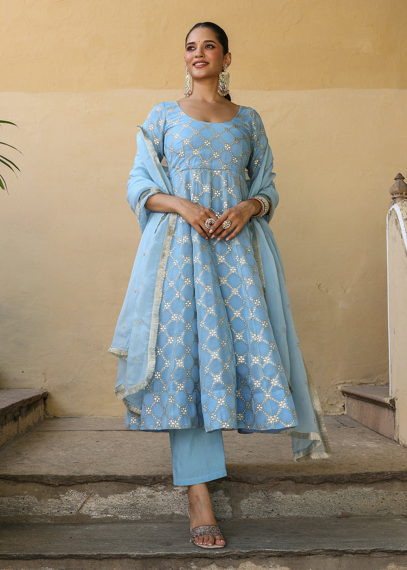 Giva Powder Blue Jacquard Anarkali Suit set with Dupatta