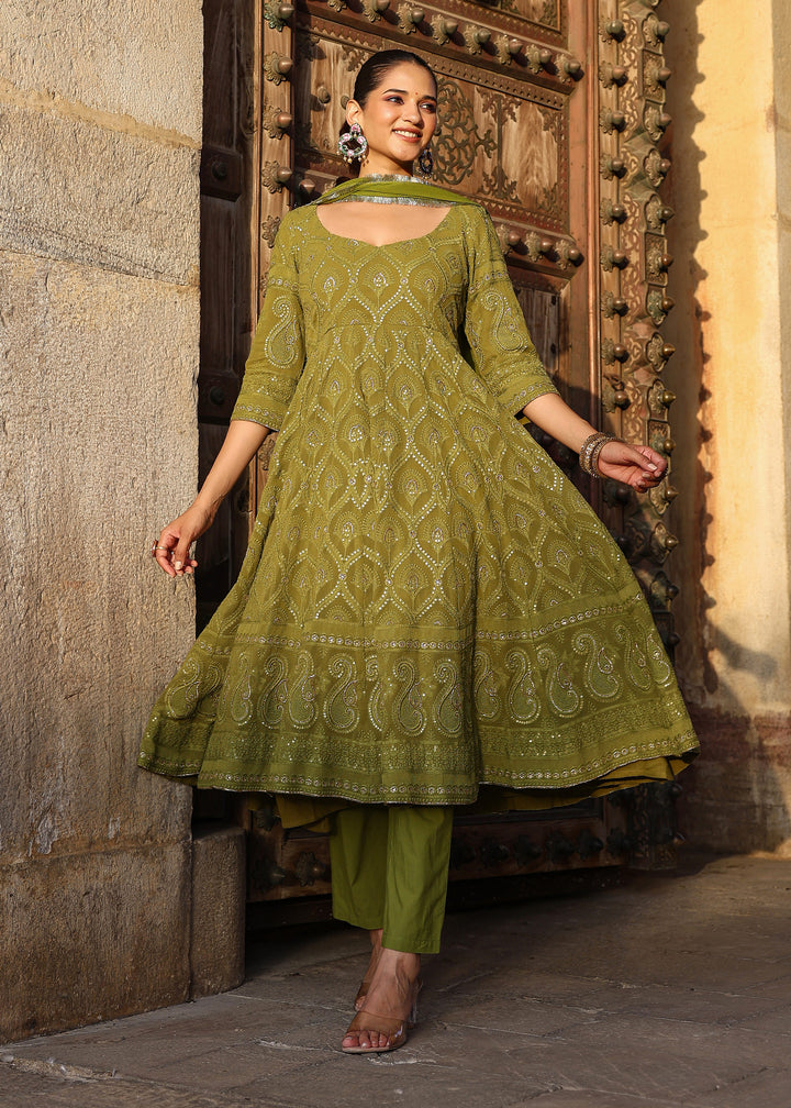 Nayab Olive Chikankari Anarkali Suit set with Dupatta