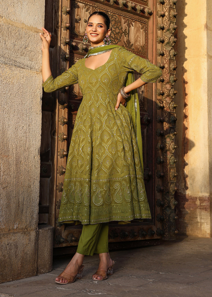 Nayab Olive Chikankari Anarkali Suit set with Dupatta