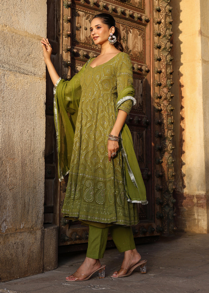 Nayab Olive Chikankari Anarkali Suit set with Dupatta