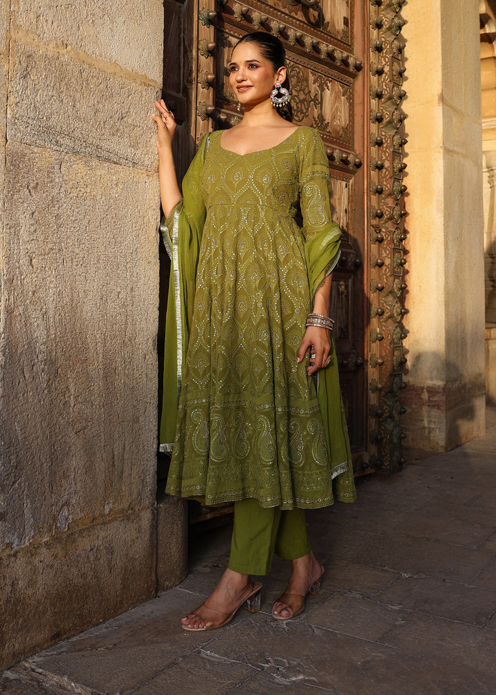 Nayab Olive Chikankari Anarkali Suit set with Dupatta