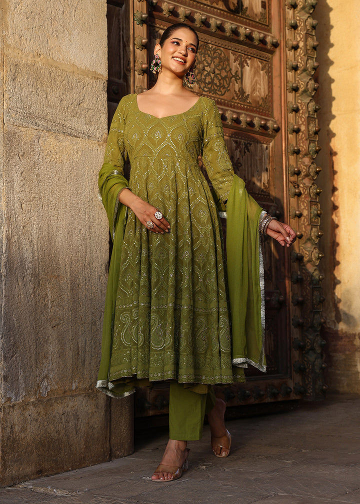 Nayab Olive Chikankari Anarkali Suit set with Dupatta