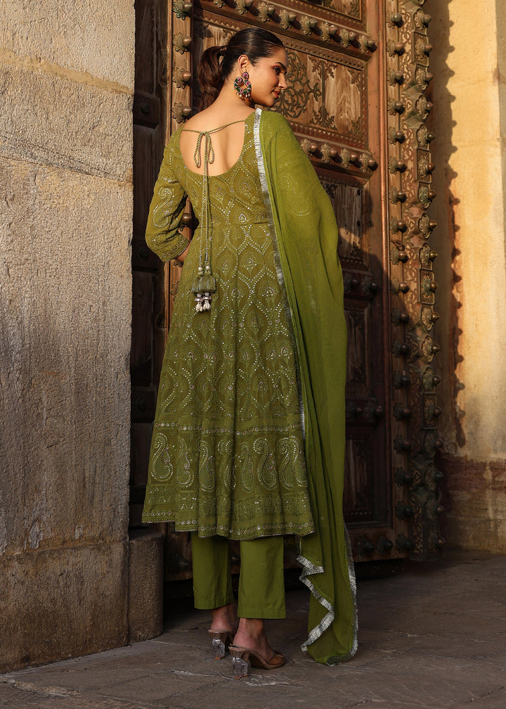 Nayab Olive Chikankari Anarkali Suit set with Dupatta