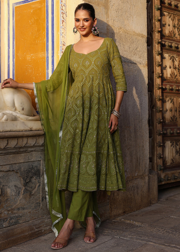 Nayab Olive Chikankari Anarkali Suit set with Dupatta