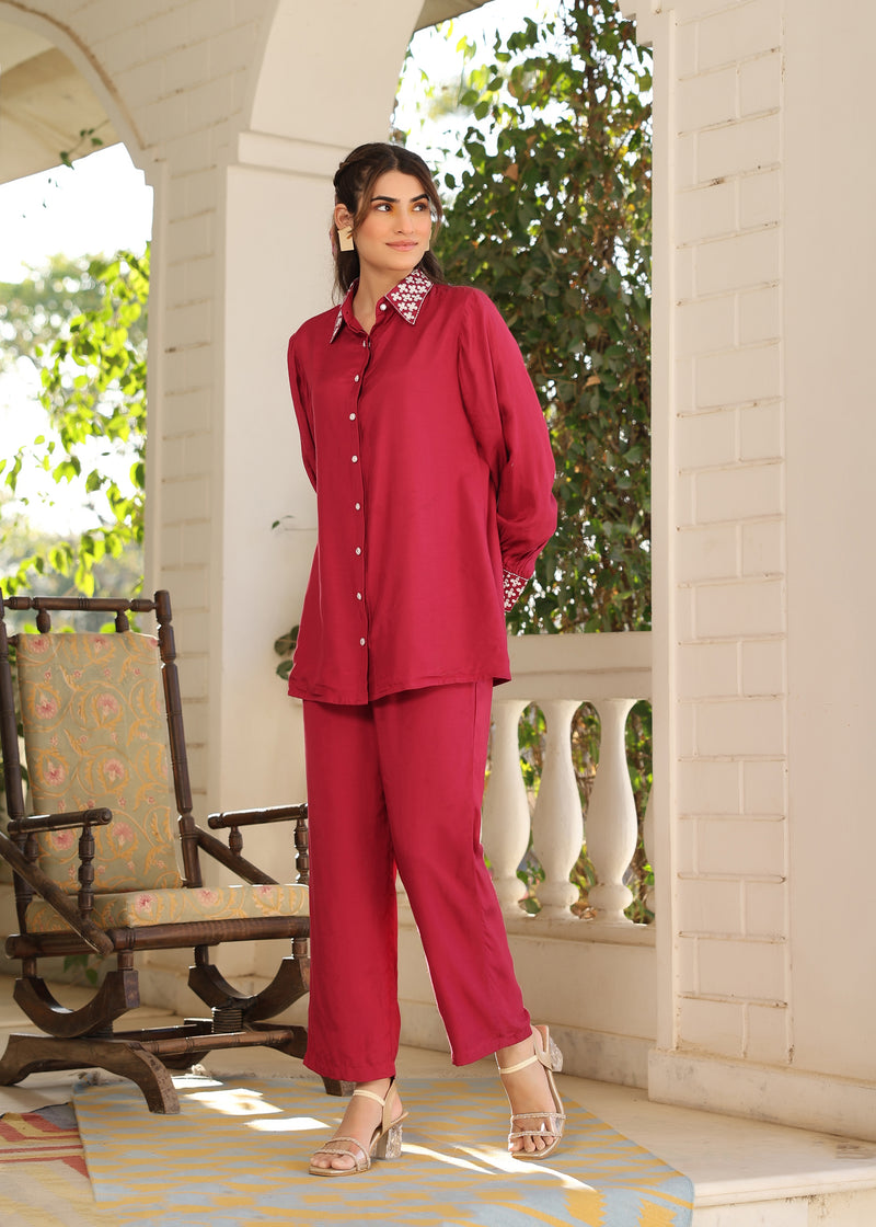 Kristy Viscose Maroon Embroidered Coord Set
