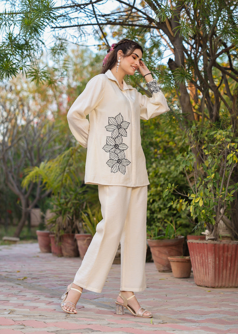 Pearl Viscose Ivory Embroidered Coord Set