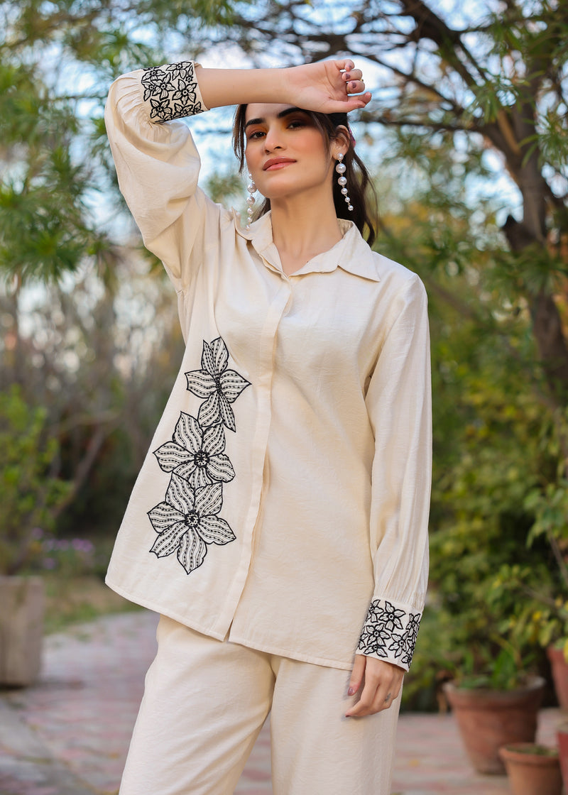 Pearl Viscose Ivory Embroidered Coord Set