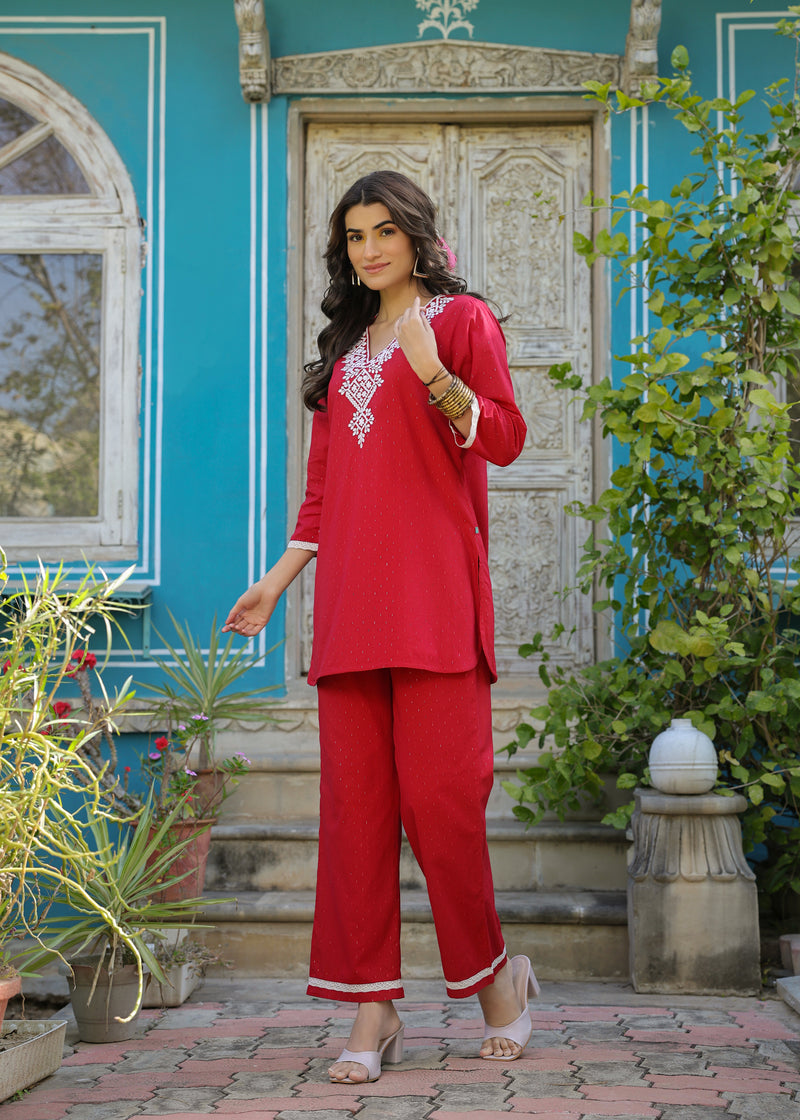 Belle Cotton Red Embroidered Coord Set