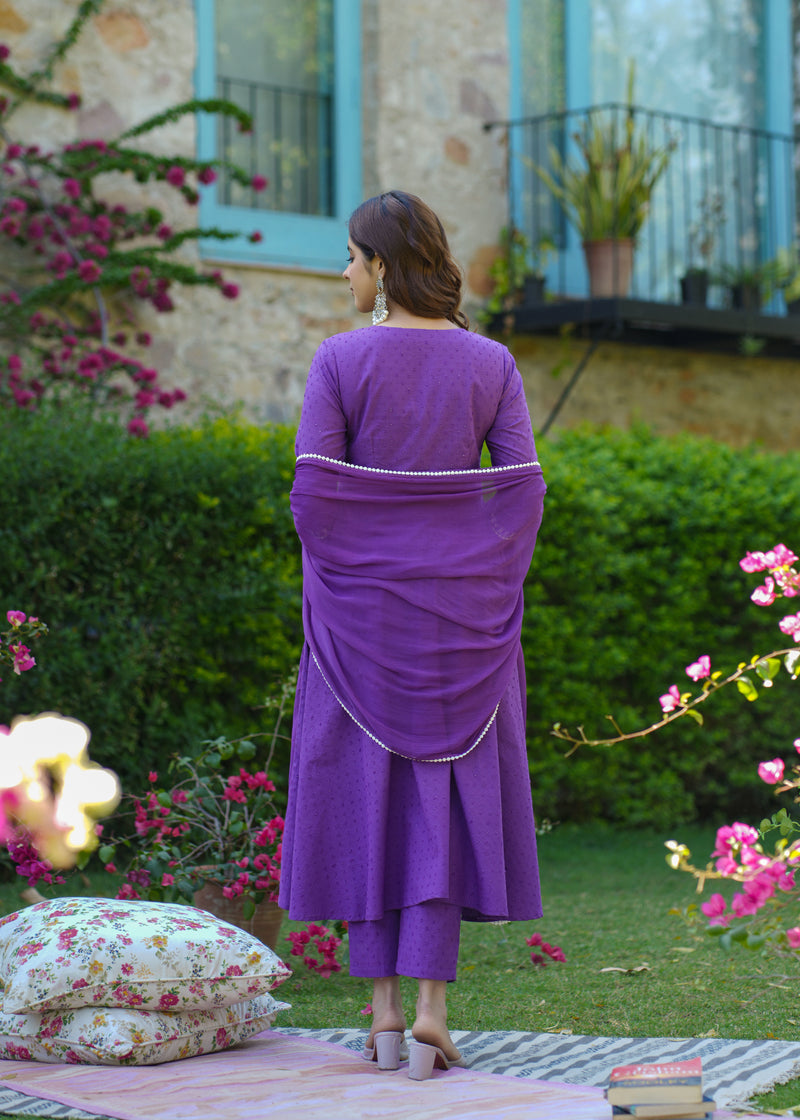 Fiza Purple Cotton Embroidered Suit Set