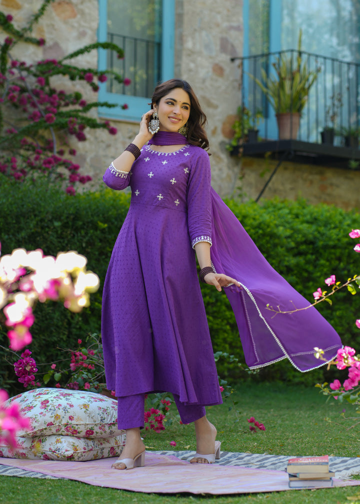 Fiza Purple Cotton Embroidered Suit Set