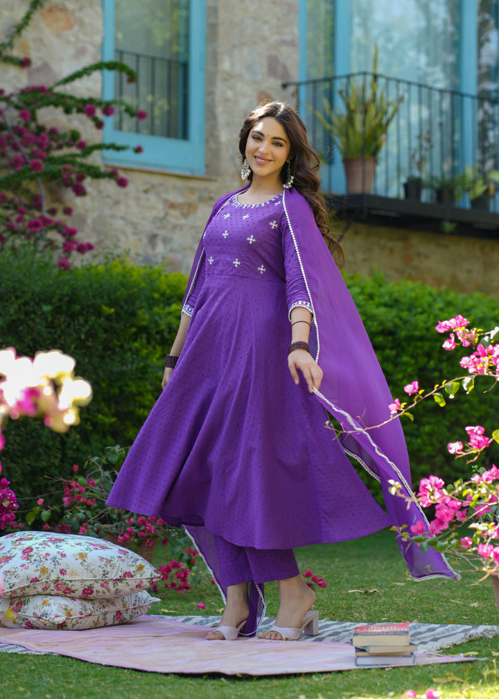 Fiza Purple Cotton Embroidered Suit Set