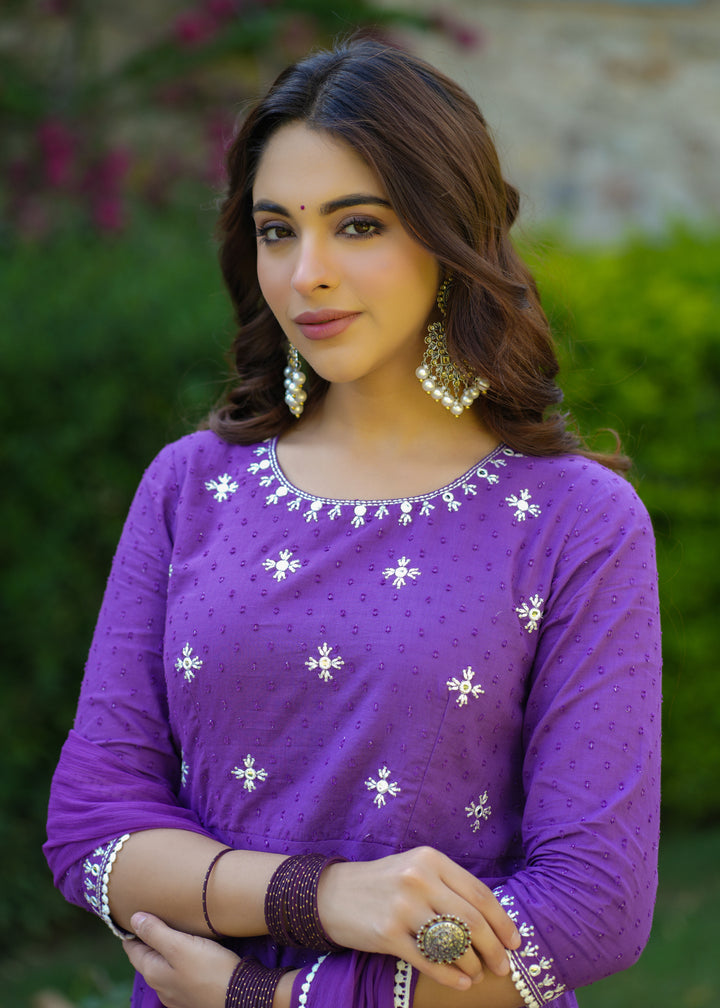 Fiza Purple Cotton Embroidered Suit Set