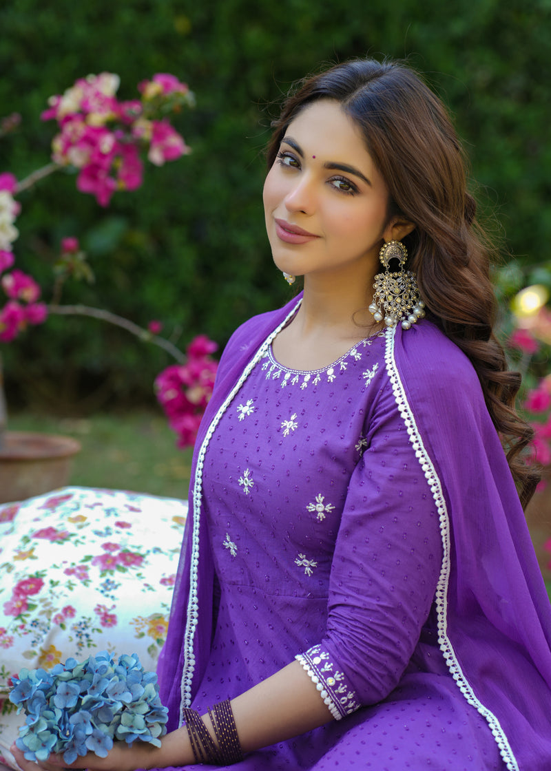 Fiza Purple Cotton Embroidered Suit Set