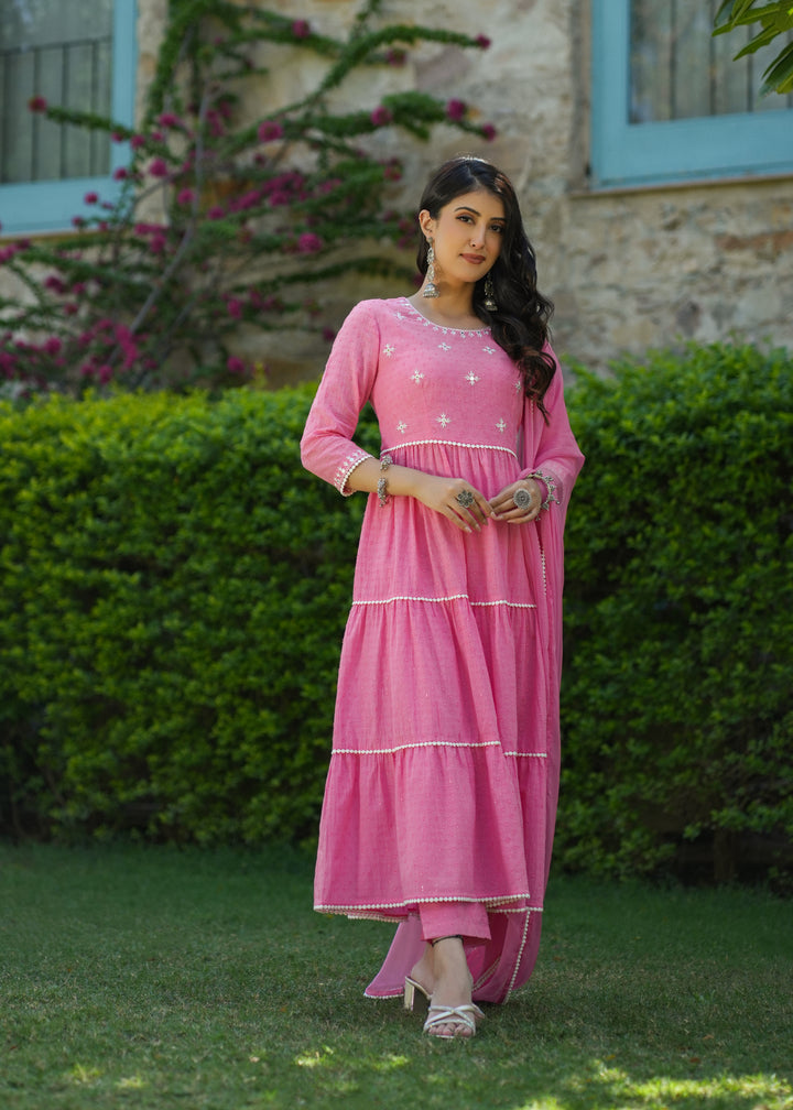 Zinal Pink Cotton Embroidered Suit Set