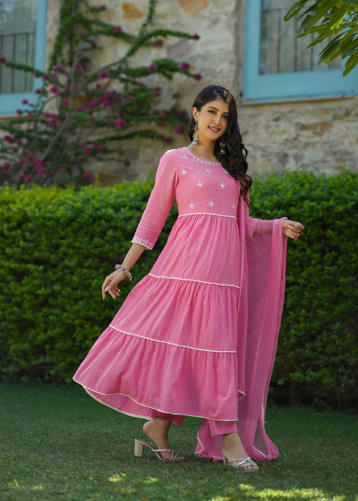 Zinal Pink Cotton Embroidered Suit Set