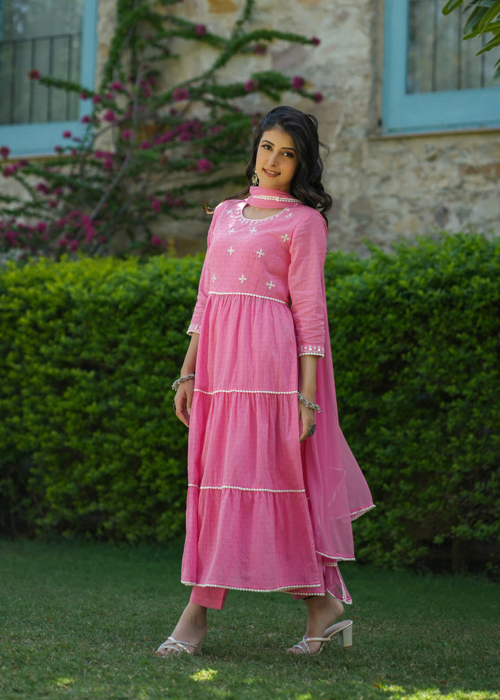 Zinal Pink Cotton Embroidered Suit Set