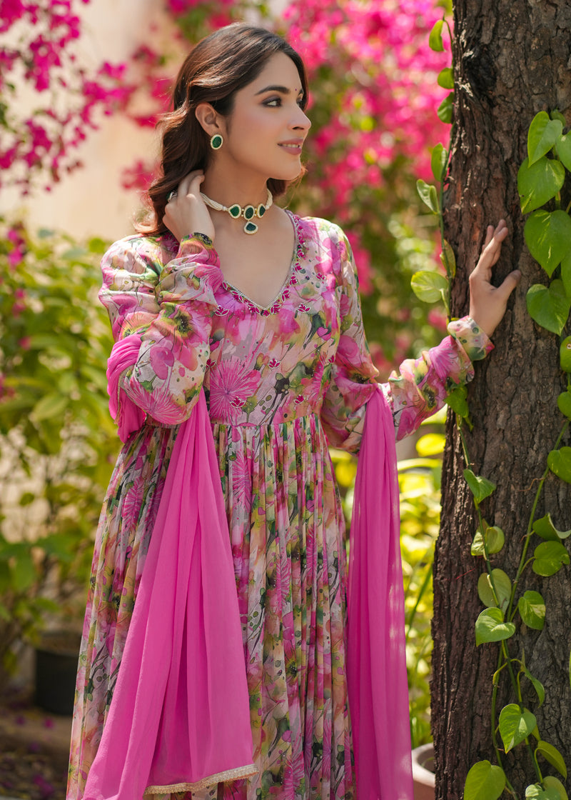 Anvi Georgette Pink Floral Printed Gown Set