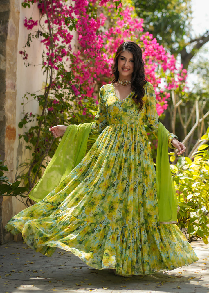 Dhara Georgette Green Floral Printed Gown Set