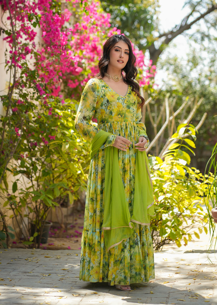 Dhara Georgette Green Floral Printed Gown Set