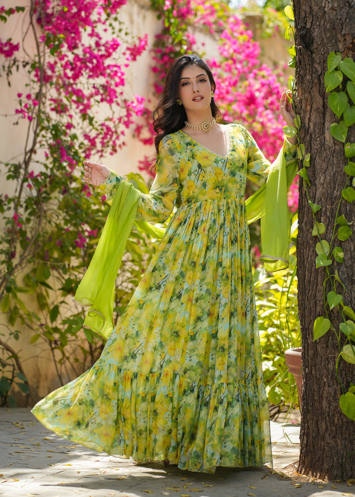 Dhara Georgette Green Floral Printed Gown Set