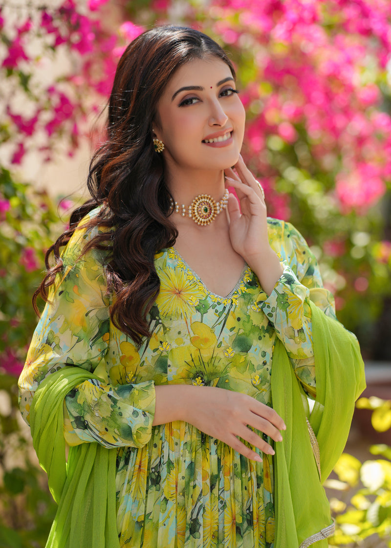 Dhara Georgette Green Floral Printed Gown Set