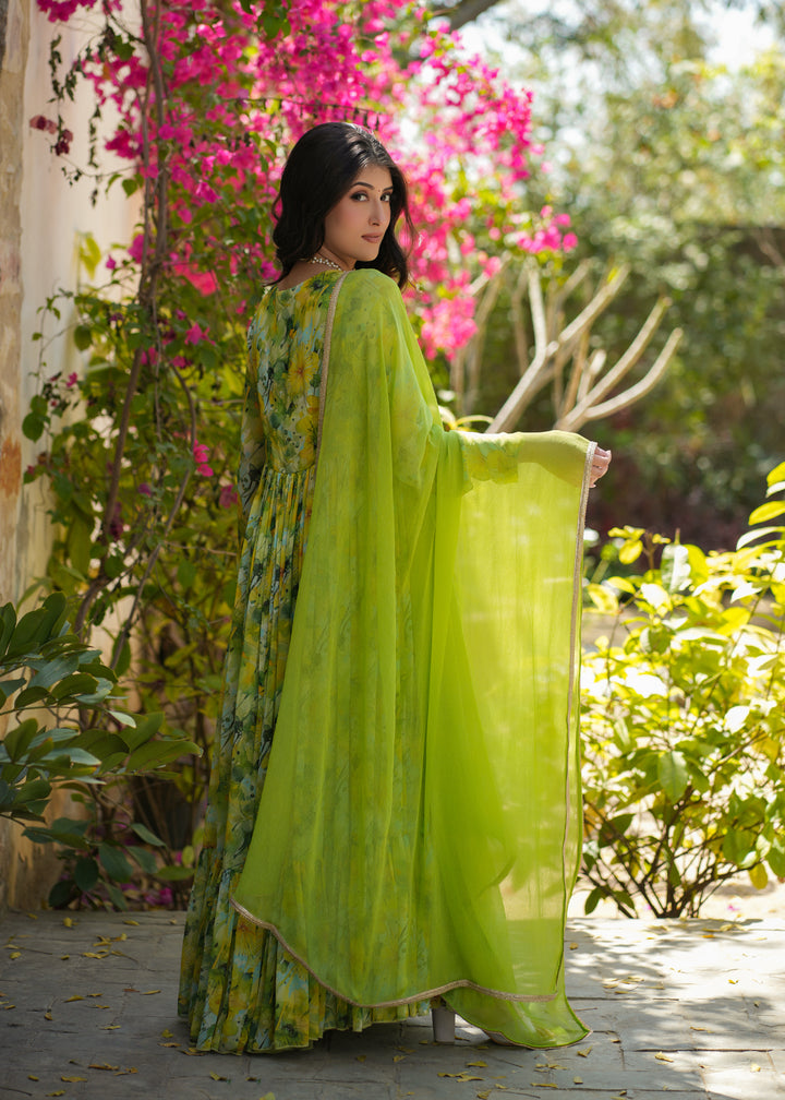 Dhara Georgette Green Floral Printed Gown Set