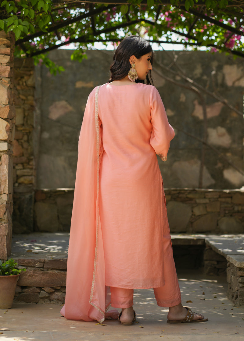 Amara Peach Zari Embroidered Chanderi Suit Set