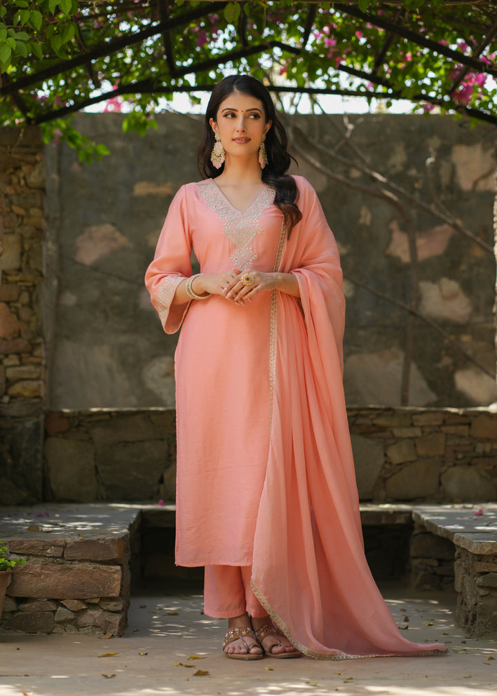 Amara Peach Zari Embroidered Chanderi Suit Set