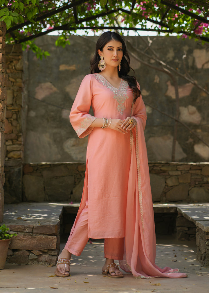 Amara Peach Zari Embroidered Chanderi Suit Set