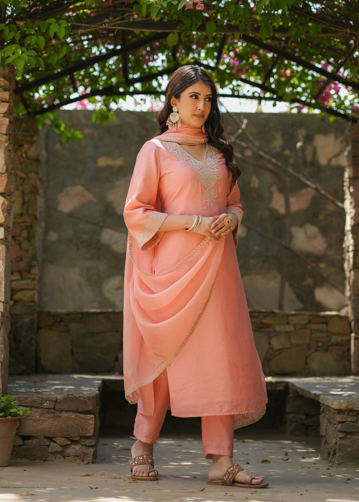 Amara Peach Zari Embroidered Chanderi Suit Set