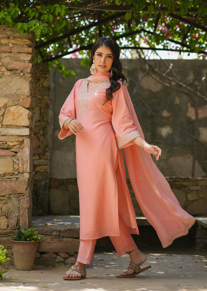 Amara Peach Zari Embroidered Chanderi Suit Set