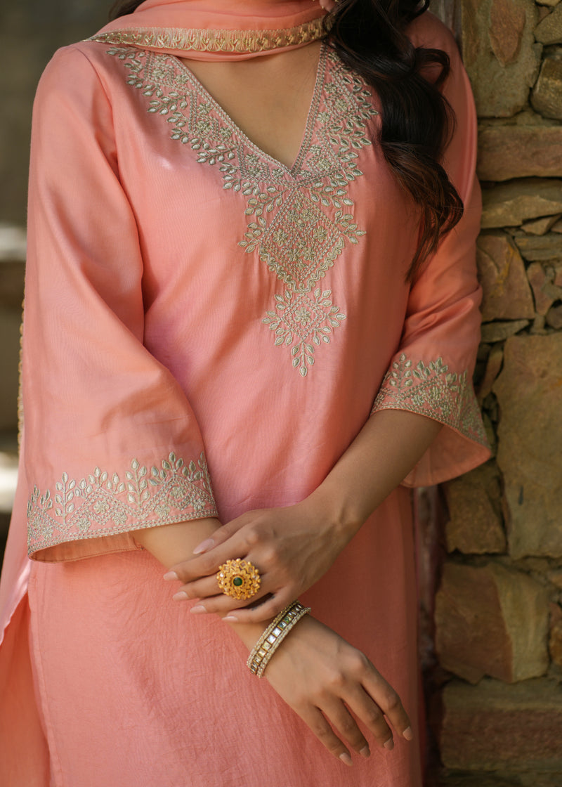 Amara Peach Zari Embroidered Chanderi Suit Set