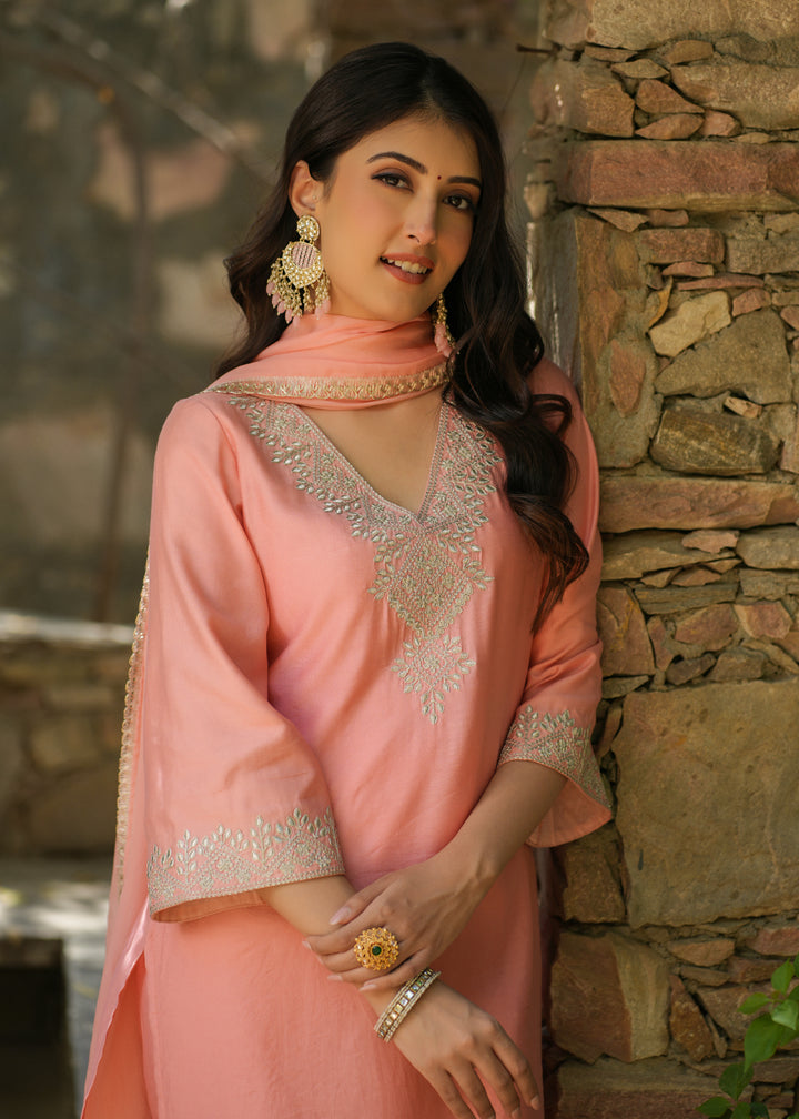 Amara Peach Zari Embroidered Chanderi Suit Set