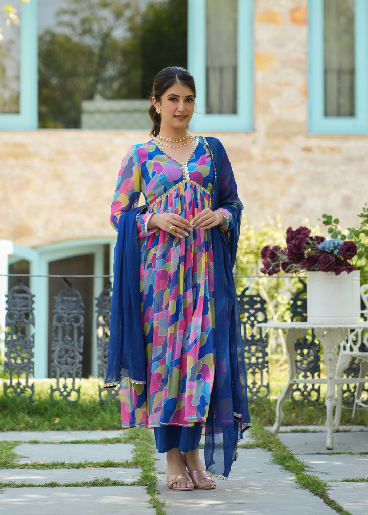 Nihira  Blue Georgette Printed Alia Cut Suit Set