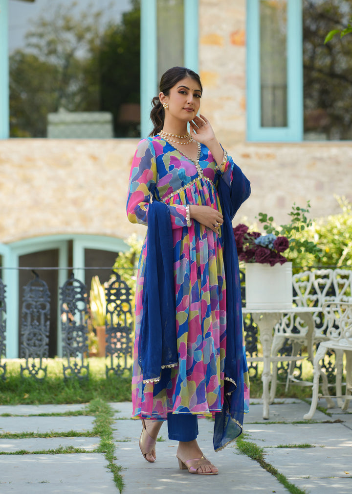 Nihira  Blue Georgette Printed Alia Cut Suit Set