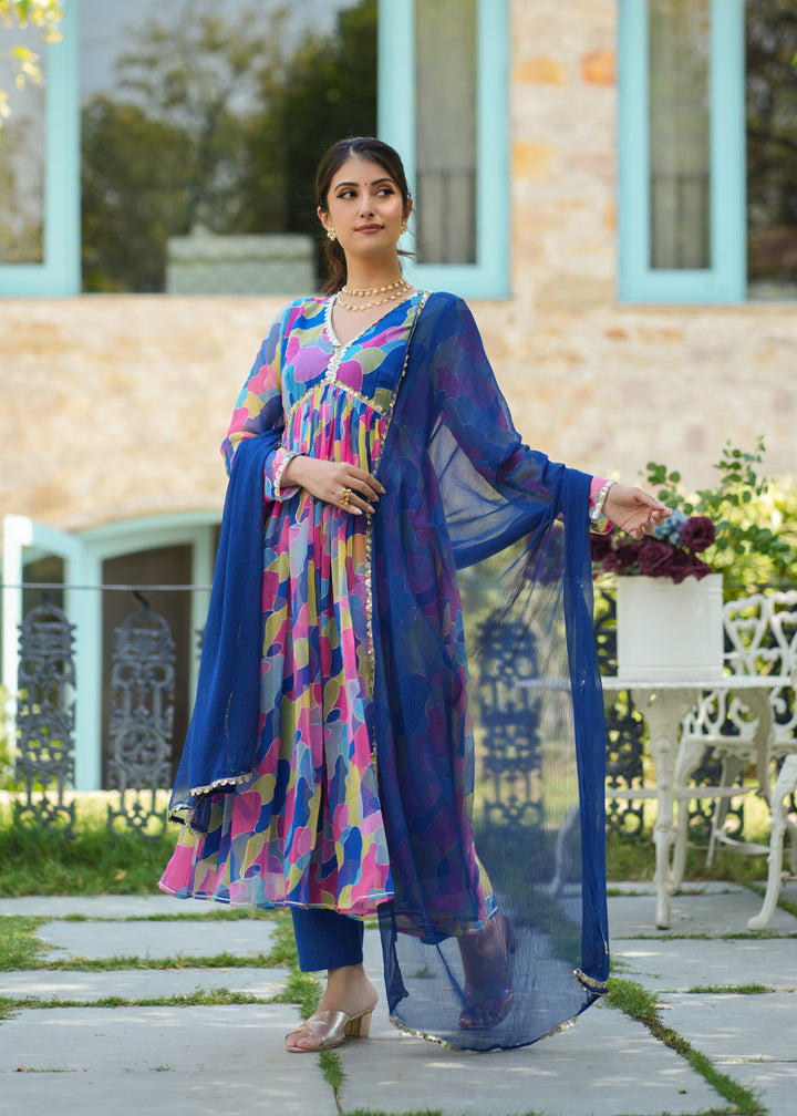 Nihira  Blue Georgette Printed Alia Cut Suit Set