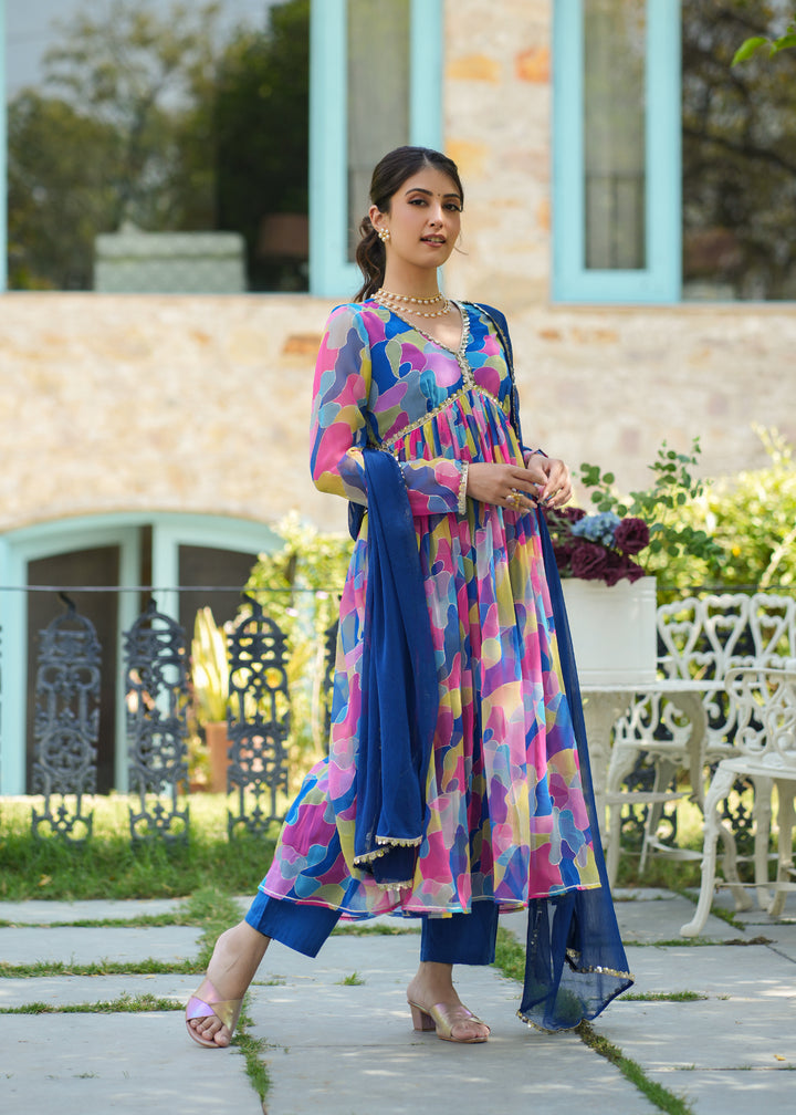 Nihira  Blue Georgette Printed Alia Cut Suit Set