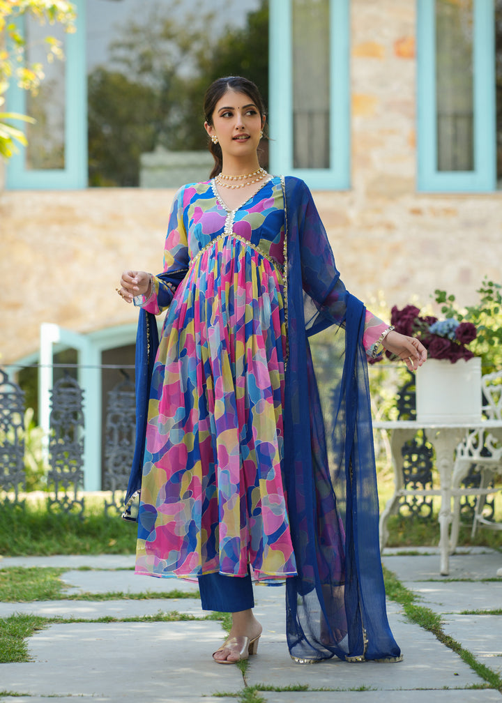 Nihira  Blue Georgette Printed Alia Cut Suit Set