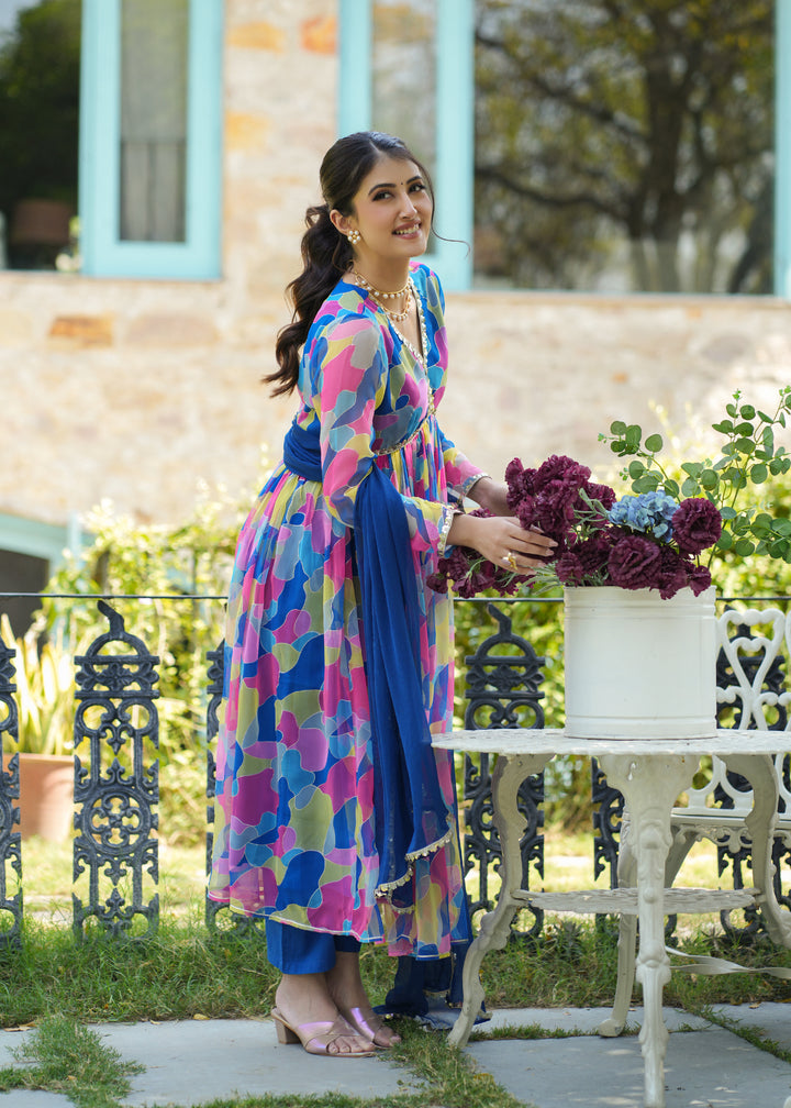 Nihira  Blue Georgette Printed Alia Cut Suit Set