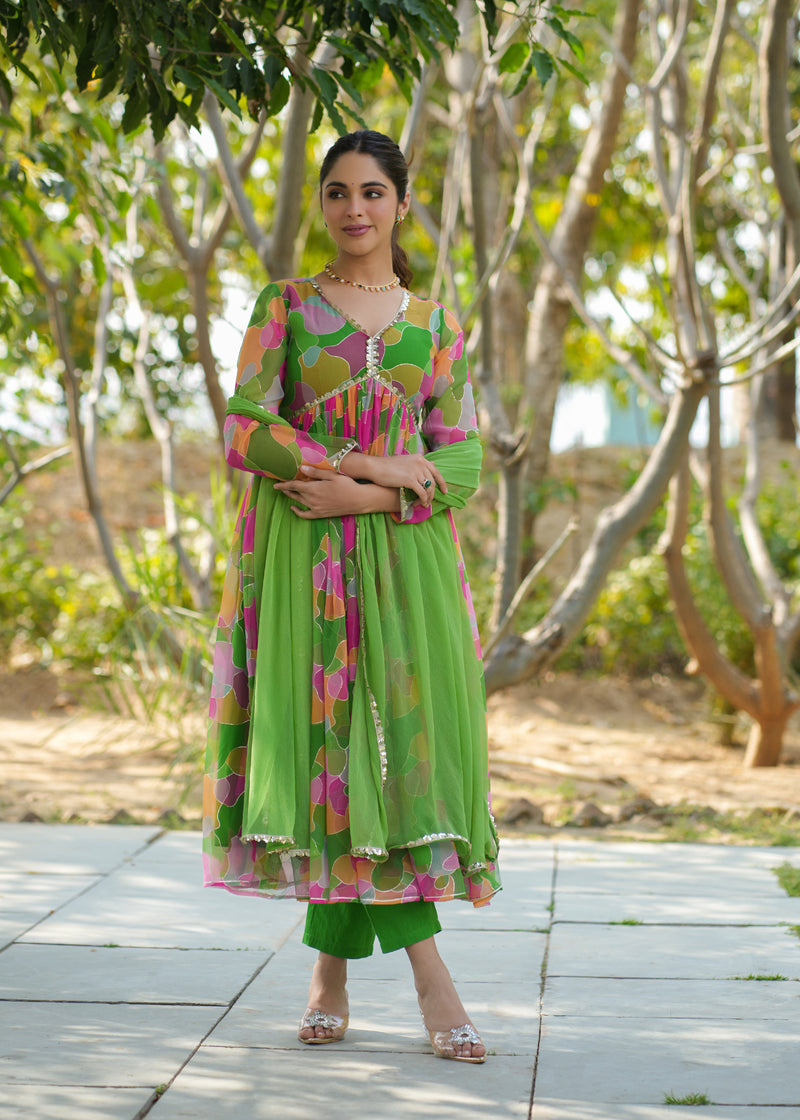 Ishani Green Georgette Printed Alia Cut Suit Set