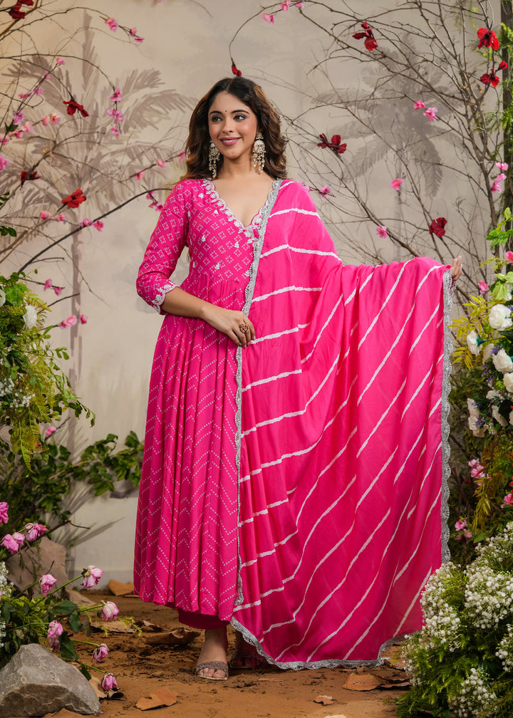 Nisa Pink Bandhej Angrakha Kurti With Pant & Dupatta