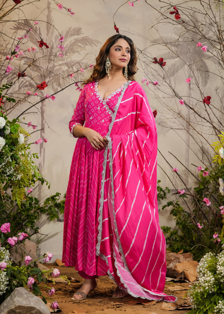 Nisa Pink Bandhej Angrakha Kurti With Pant & Dupatta