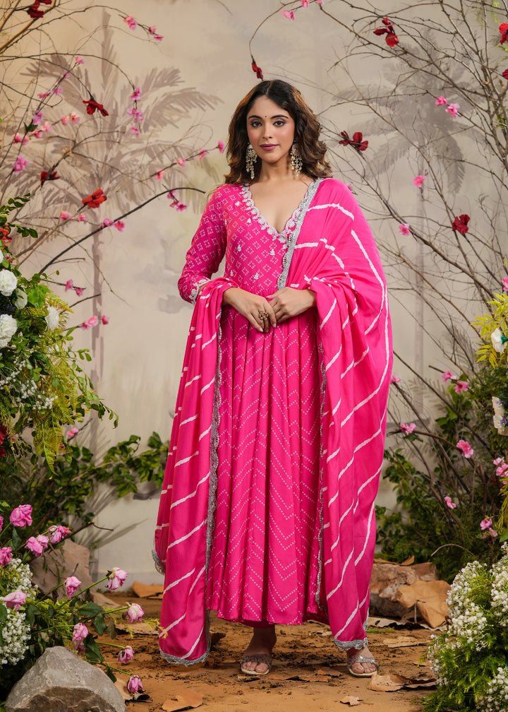 Nisa Pink Bandhej Angrakha Kurti With Pant & Dupatta